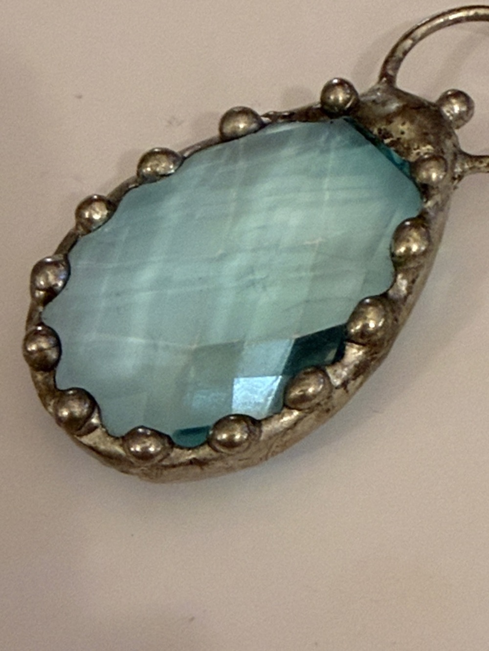 Large Silver-tone Faceted Blue Glass Teardrop Pendant